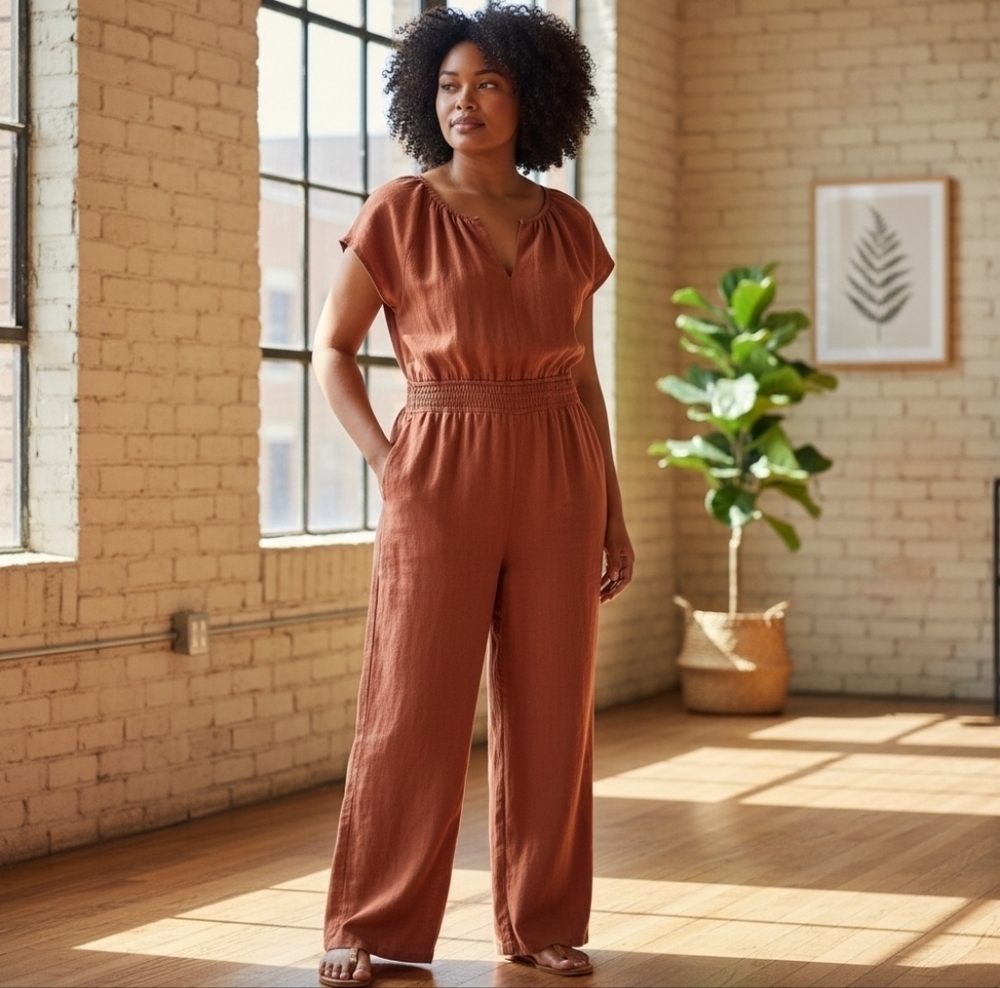 Tahari Linen Blend Smocked Waist Wide Leg Jumpsuit